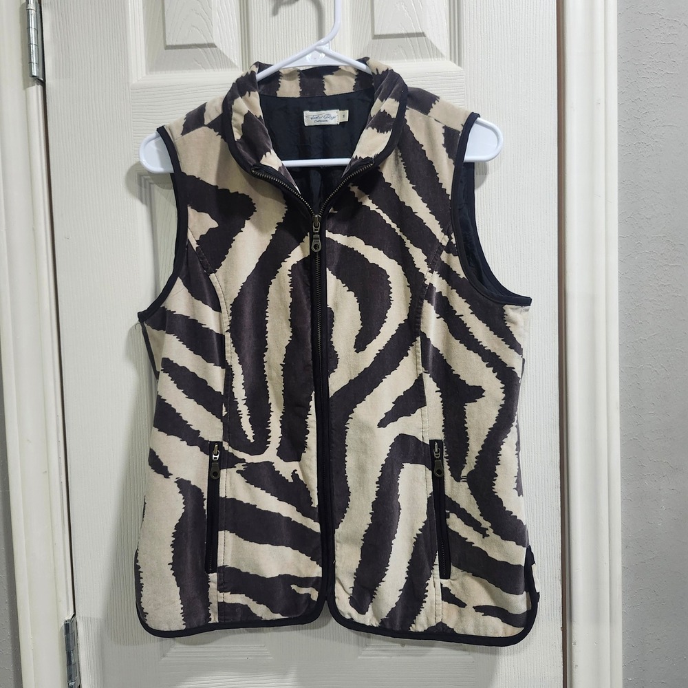 Tasha Polizzi Zebra Print Cotton Vest Women sz M Brown Cream Full Zip Mock Neck
